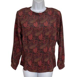 Vintage 80s First Glance Blouse Small Black Orange Paisley Secretary Academia